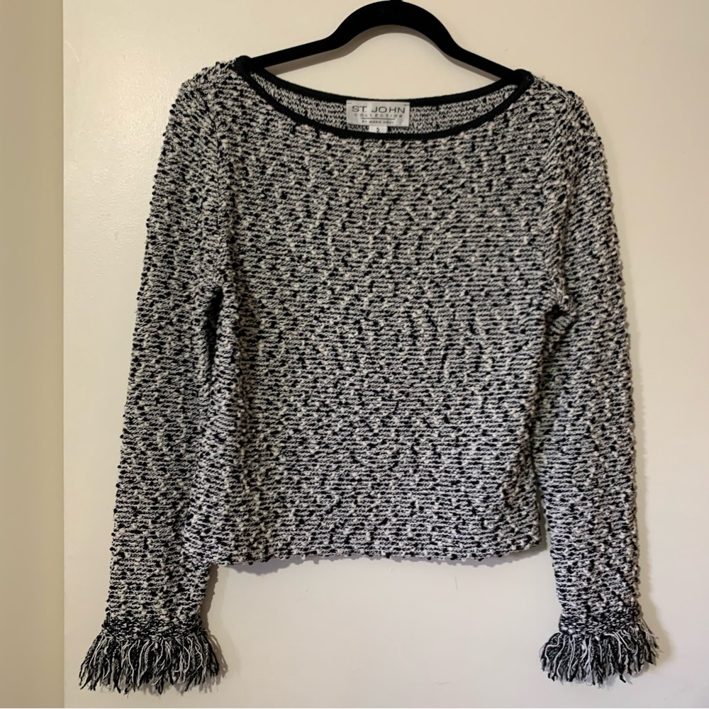 St John Collection Black/White Fringe Tweed Textured Pullover Top